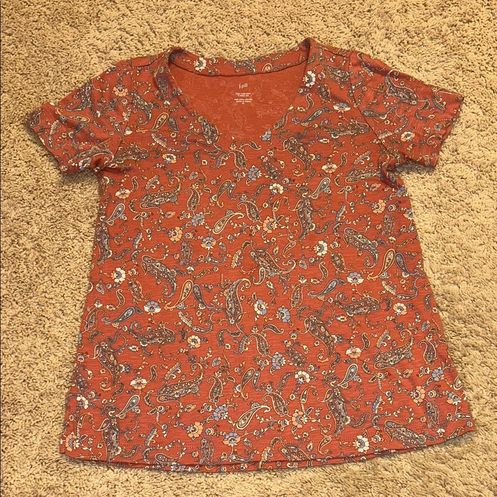 J. Jill Orange Paisley V-Neck Tee